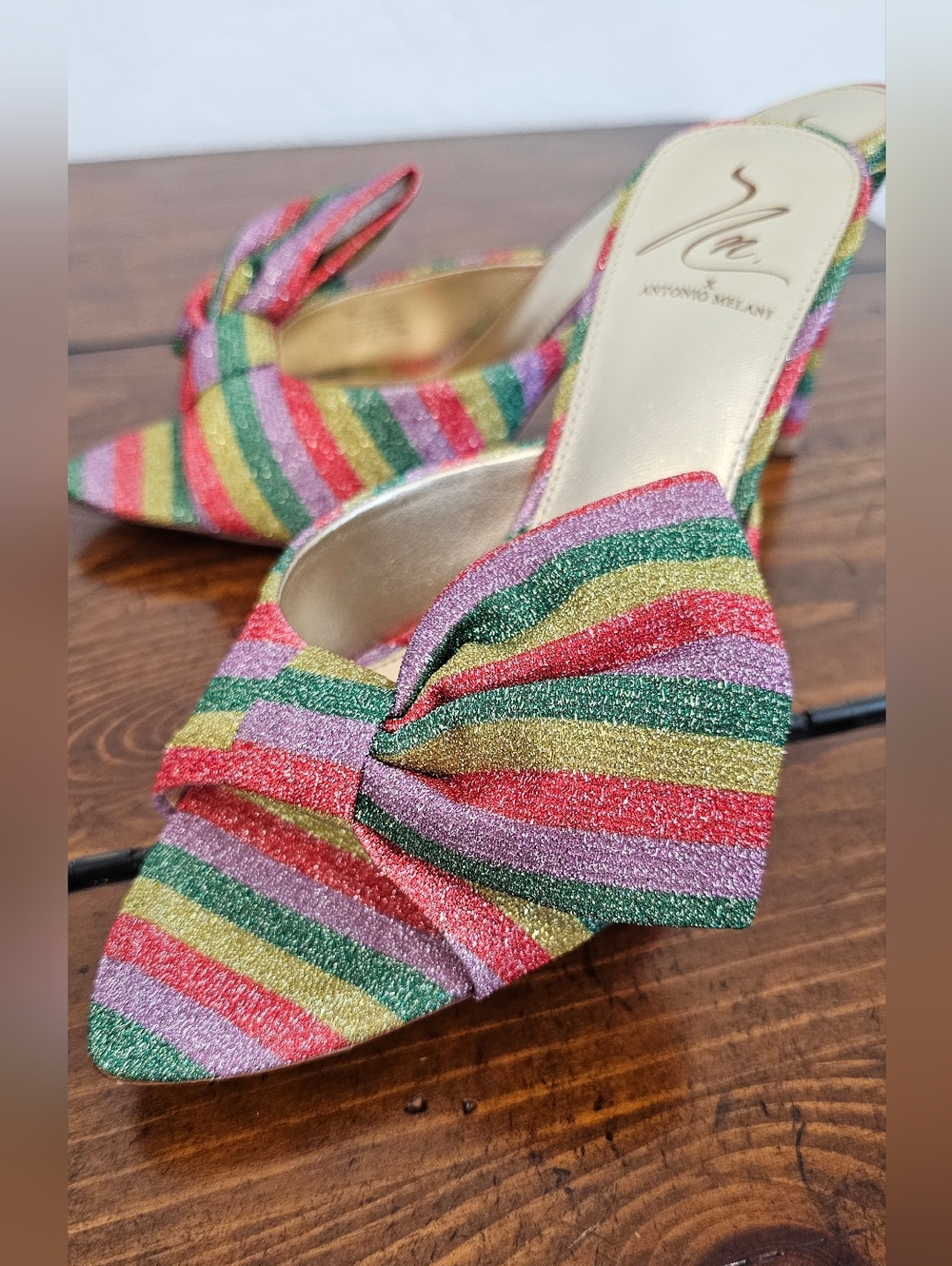 Antonio Melani Rainbow Metallic Glitter Striped Bow Slide heels Women's Sz 6 - Picture 5 of 9